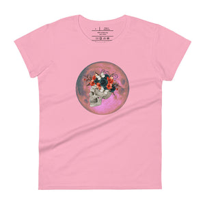 women's charity pink t-shirt, with image design: side profile of a skull wearing a crown/hat of black roses, red poppies, thorny vines, and white butterflies, with a pink-red moon behind it. Front View.