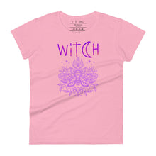 Load image into Gallery viewer, women&#39;s charity pink t-shirt t-shirt with image phrase: &quot;witch&quot; With image of a mystic moth. Front view.
