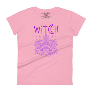 women's charity pink t-shirt t-shirt with image phrase: "witch" With image of a mystic moth. Front view.