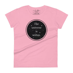 women's charity pink t-shirt, with image phrase "The universe is within," enclosed in a black circle and stars.