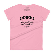 Load image into Gallery viewer, women&#39;s charity pink t-shirt, with image of black celestial moon phases, with star cut outs, and image phrase &quot;The soul rests and awakens in cycles.&quot; Front view.
