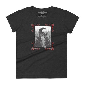 women's heather grey t-shirt with image of a psychic tarot reader, with tarot cards in hand, crescent moon in background, red crescent moon corner borders