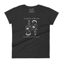 Load image into Gallery viewer, women&#39;s heather grey t-shirt with image of two hands. One pointing up with two fingers, one pointing down with two fingers. Phrase on top and underneath image: &quot;As Above, So Below. As Within, So Without..&quot;
