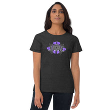 Load image into Gallery viewer, woman modeling/wearing women&#39;s heather grey t-shirt with image of a purple embellished triple moon pentacle design, with hints to the five elements.
