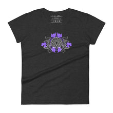 Load image into Gallery viewer, women&#39;s heather grey t-shirt with image of a purple embellished triple moon pentacle design, with hints to the five elements.
