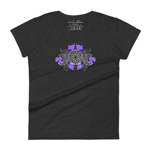 women's heather grey t-shirt with image of a purple embellished triple moon pentacle design, with hints to the five elements.