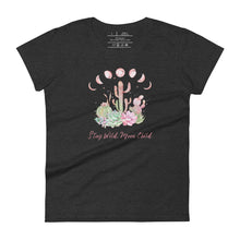 Load image into Gallery viewer, women&#39;s heather grey t-shirt with image design of Moon phases, cacti and flowers, and &quot;Stay Wild Moon Child&quot; text
