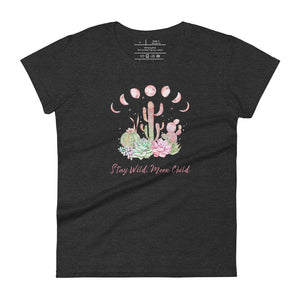 women's heather grey t-shirt with image design of Moon phases, cacti and flowers, and "Stay Wild Moon Child" text