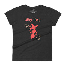 Load image into Gallery viewer, Woman&#39;s dark heather grey t-shirt with image phrase: Stay Hexy (play on words for Stay Sexy), red silhouette of pretty witch form, pentacle stars on both side. Front view. Halloween, spooky season.
