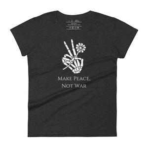 Woman's dark heather grey t-shirt with image phrase: Make Peace, Not War, underneath an image of a skeleton hand in the gesture of a peace sign, holding a daisy flower. Front view. Halloween, spooky season.