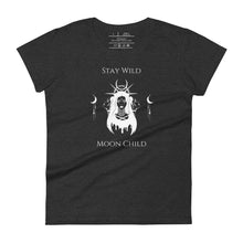 Load image into Gallery viewer, Woman&#39;s dark heather grey t-shirt with image phrase: Stay wild, moon child. Image design of a woman, with tribal marking on her face, and crown of halo, spikes, and moon crescent. A woman&#39;s face on either side of woman, symbolic of the triple moon goddess. Front view. Halloween, spooky season.
