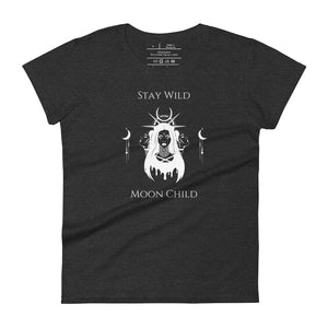 Woman's dark heather grey t-shirt with image phrase: Stay wild, moon child. Image design of a woman, with tribal marking on her face, and crown of halo, spikes, and moon crescent. A woman's face on either side of woman, symbolic of the triple moon goddess. Front view. Halloween, spooky season.