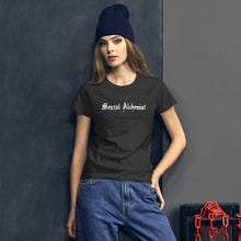 Load image into Gallery viewer, woman modeling/wearing woman&#39;s heather dark grey t-shirt, with Image phrase: white text - &quot;Mental Alchemist.&quot; Front view.
