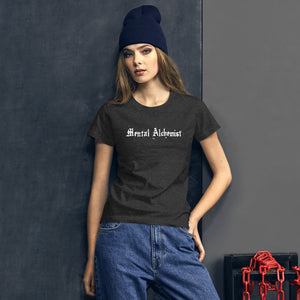 woman modeling/wearing woman's heather dark grey t-shirt, with Image phrase: white text - "Mental Alchemist." Front view.