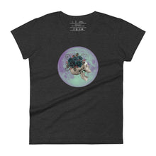 Load image into Gallery viewer, women&#39;s dark grey heather t-shirt, with image design: side profile of a skull wearing a crown/hat of black roses, red berries, thorny vines and leaves, with a blue-purple moon behind it. Front View.
