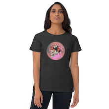 Load image into Gallery viewer, woman modeling/wearing women&#39;s dark grey heather t-shirt, with image design: side profile of a skull wearing a crown/hat of black roses, red poppies, thorny vines, and white butterflies, with a pink-red moon behind it. Front View.
