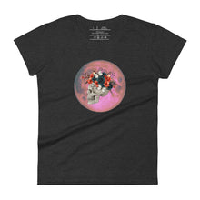 Load image into Gallery viewer, women&#39;s dark grey heather t-shirt, with image design: side profile of a skull wearing a crown/hat of black roses, red poppies, thorny vines, and white butterflies, with a pink-red moon behind it. Front View.
