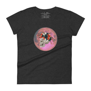 women's dark grey heather t-shirt, with image design: side profile of a skull wearing a crown/hat of black roses, red poppies, thorny vines, and white butterflies, with a pink-red moon behind it. Front View.