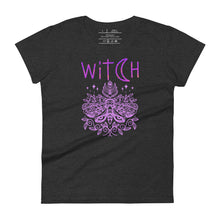 Load image into Gallery viewer, women&#39;s heather dark grey t-shirt t-shirt with image phrase: &quot;witch&quot; With image of a mystic moth. Front view.
