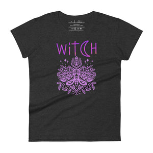 women's heather dark grey t-shirt t-shirt with image phrase: "witch" With image of a mystic moth. Front view.