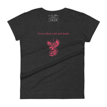 Load image into Gallery viewer, women&#39;s heather dark grey t-shirt, with image phrase: &quot;We are reborn with each breath,&quot; with image of red elegant phoenix. Front view.
