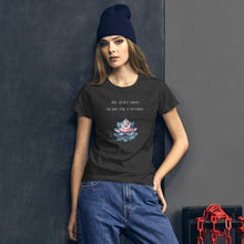 Load image into Gallery viewer, woman modeling/wearing women&#39;s heather dark grey t-shirt, with image phrase: &quot;The quiet mind hears the Universe.&quot; Image of watercolor pink and blue lotus flower floating on water.
