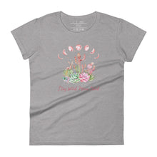 Load image into Gallery viewer, women&#39;s light heather grey t-shirt with image design of Moon phases, cacti and flowers, and &quot;Stay Wild Moon Child&quot; text
