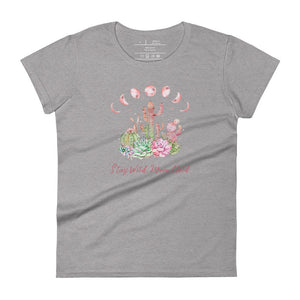 women's light heather grey t-shirt with image design of Moon phases, cacti and flowers, and "Stay Wild Moon Child" text