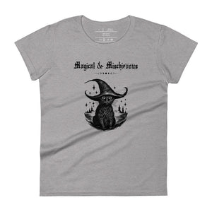 Woman's light grey t-shirt with image phrase: Magical & Mischievous, with image of black cat wearing a black hat underneath. Front view. Halloween, spooky season.