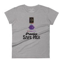 Load image into Gallery viewer, Woman&#39;s light grey t-shirt with image phrase: Practice safe Hex (play on words for &#39;Practice safe sex.&#39; Above phrase is a spell book, a cauldron, a wand. Front view. Halloween, spooky season.
