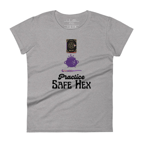 Woman's light grey t-shirt with image phrase: Practice safe Hex (play on words for 'Practice safe sex.' Above phrase is a spell book, a cauldron, a wand. Front view. Halloween, spooky season.