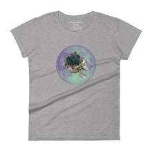 Load image into Gallery viewer, women&#39;s heather grey t-shirt, with image design: side profile of a skull wearing a crown/hat of black roses, red berries, thorny vines and leaves, with a blue-purple moon behind it. Front View.
