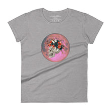 Load image into Gallery viewer, women&#39;s heather grey t-shirt, with image design: side profile of a skull wearing a crown/hat of black roses, red poppies, thorny vines, and white butterflies, with a pink-red moon behind it. Front View.
