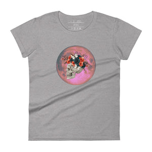 women's heather grey t-shirt, with image design: side profile of a skull wearing a crown/hat of black roses, red poppies, thorny vines, and white butterflies, with a pink-red moon behind it. Front View.