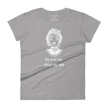 Load image into Gallery viewer, women&#39;s heather grey t-shirt with image phrase: &quot;They do not know whence you come.&quot; with mystic image of a Victorian era girl, with two sets of eyes.
