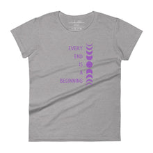 Load image into Gallery viewer, women&#39;s heather grey t-shirt with image phrase &quot;every end is a beginning,&quot; with image design of moon phases, from new moon, to full moon, to new moon. Front view.
