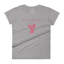 Load image into Gallery viewer, women&#39;s heather grey t-shirt, with image phrase: &quot;We are reborn with each breath,&quot; with image of red elegant phoenix. Front view.
