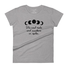 Load image into Gallery viewer, women&#39;s heather grey t-shirt, with image of black celestial moon phases, with star cut outs, and image phrase &quot;The soul rests and awakens in cycles.&quot; Front view.
