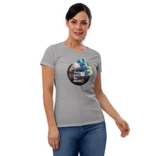 Load image into Gallery viewer, woman modeling/wearing women&#39;s heather grey t-shirt with image design of a dark moon, with a colorful dawn cloud in front, with image phrase: &quot;Darkness precedes the Dawn.&quot; Front View.
