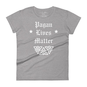 women's heather grey t-shirt with image phrase: "Pagan Lives Matter." with image graphic of heart triquetra symbol.