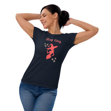 Load image into Gallery viewer, Woman modeling/wearing woman&#39;s navy blue t-shirt with image phrase: Stay Hexy (play on words for Stay Sexy), red silhouette of pretty witch form, pentacle stars on both side. Front view. Halloween, spooky season.
