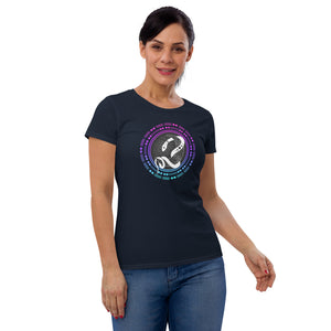 women modeling/wearing women's navy blue t-shirt, with Snake wrapped around a crescent moon, encircled by moon symbols