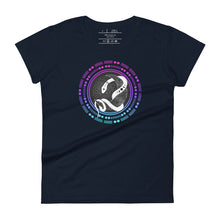 Load image into Gallery viewer, women&#39;s navy blue t-shirt, with Snake wrapped around a crescent moon, encircled by moon symbols
