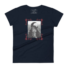 Load image into Gallery viewer, women&#39;s navy blue t-shirt with image of a psychic tarot reader, with tarot cards in hand, crescent moon in background, red crescent moon corner borders
