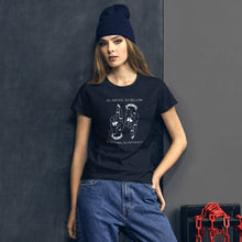 Load image into Gallery viewer, woman modeling/wearing women&#39;s navy blue t-shirt with image of two hands. One pointing up with two fingers, one pointing down with two fingers. Phrase on top and underneath image: &quot;As Above, So Below. As Within, So Without..&quot;
