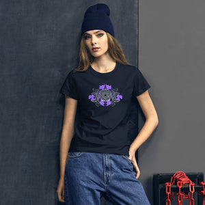 woman modeling/wearing women's navy blue t-shirt with image of a purple embellished triple moon pentacle design, with hints to the five elements.