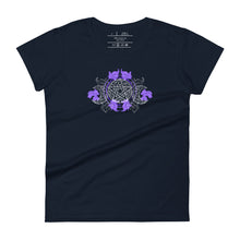 Load image into Gallery viewer, women&#39;s navy blue t-shirt with image of a purple embellished triple moon pentacle design, with hints to the five elements.
