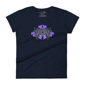 women's navy blue t-shirt with image of a purple embellished triple moon pentacle design, with hints to the five elements.