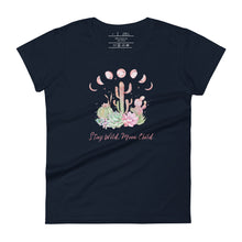 Load image into Gallery viewer, women&#39;s navy blue t-shirt with image design of Moon phases, cacti and flowers, and &quot;Stay Wild Moon Child&quot; text
