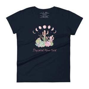 women's navy blue t-shirt with image design of Moon phases, cacti and flowers, and "Stay Wild Moon Child" text